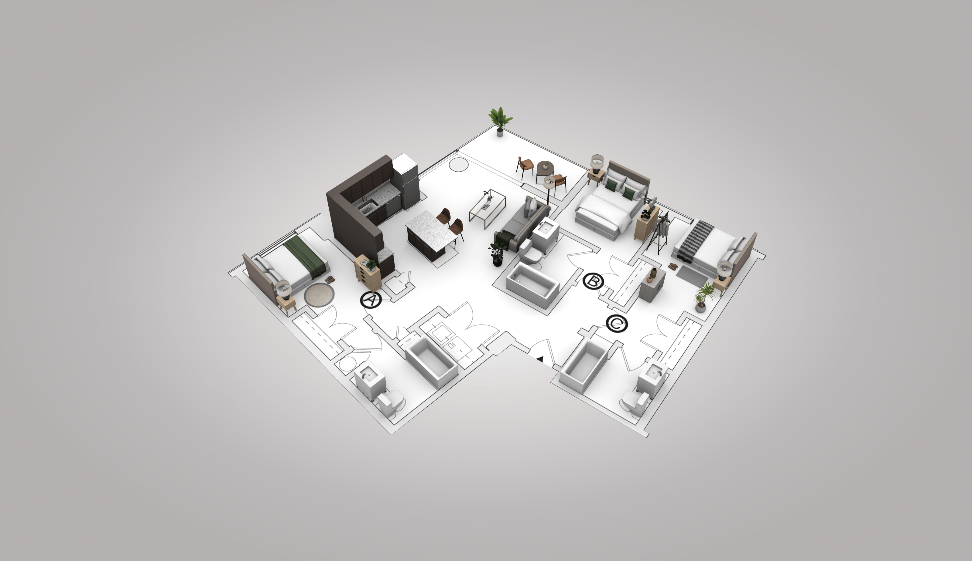 Floor plan for 3 beds, 3 baths, 1050 sqft